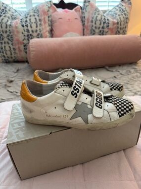 Golden Goose White Leather Sneakers with Gray Star, Checker Toe & Gold Heel
